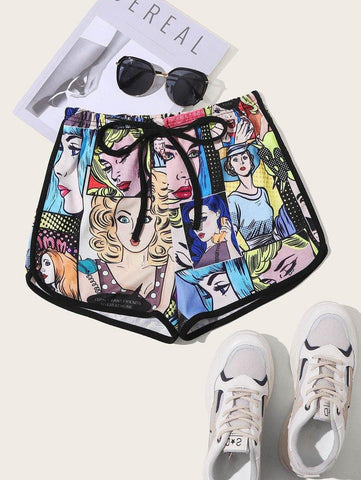 Pop Art Print Tie Waist Dolphin Shorts - takostyle