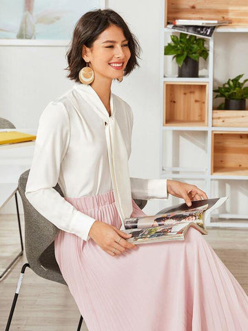 Tie Neck Long Sleeve Blouse - takostyle