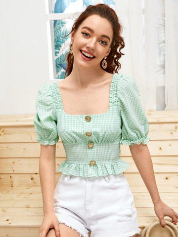 Square Neck Button Front Gingham Milkmaid Top - takostyle