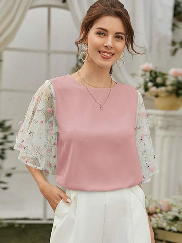 Appliques Mesh Panel Round Neck Blouse - takostyle