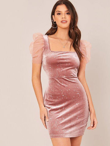 Square Neck Mesh Puff Sleeve Galaxy Velvet Dress - takostyle