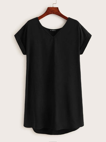 V-neck Rolled Cuff Tunic Dress