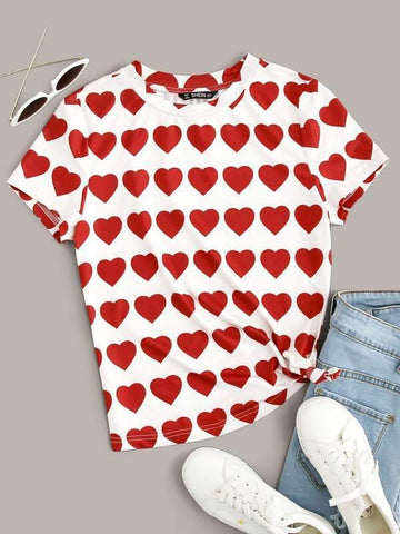 Cap Sleeve Heart Print Tee - takostyle