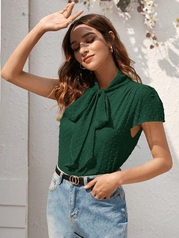 Swiss Dot Tie Neck Blouse - takostyle