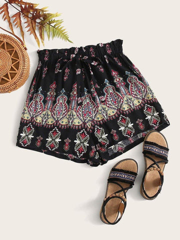 Paperbag Waist Tribal Print Shorts - takostyle