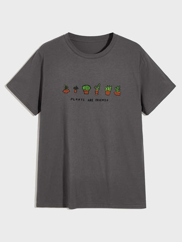 Men Letter & Cactus Print Tee