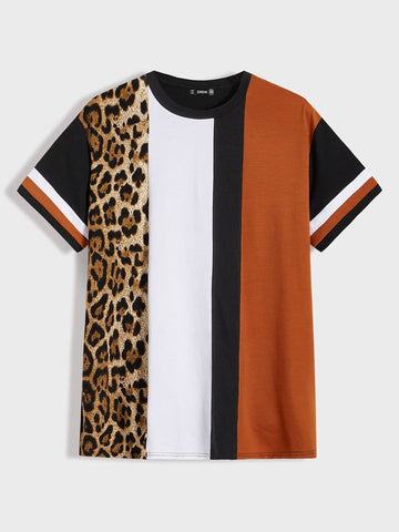 Men Leopard Panel Striped Sleeve Colorblock Tee