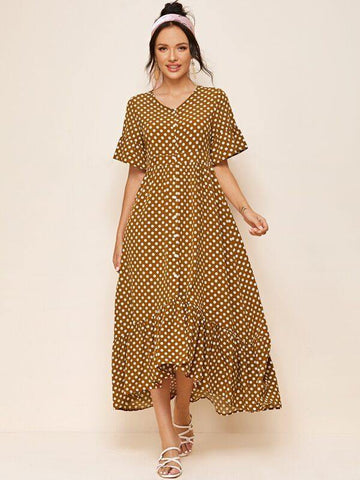Polka Dot Asymmetrical Ruffle Hem A-line Dress - takostyle
