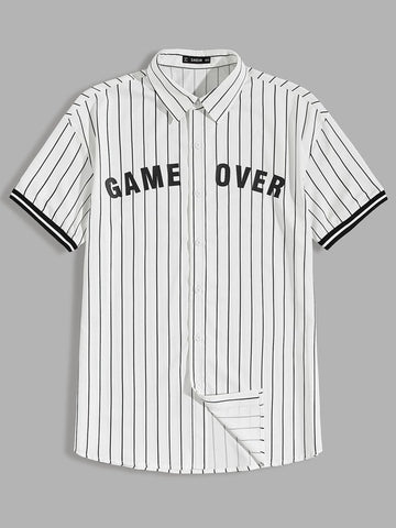 Men Slogan Graphic Striped Shirt