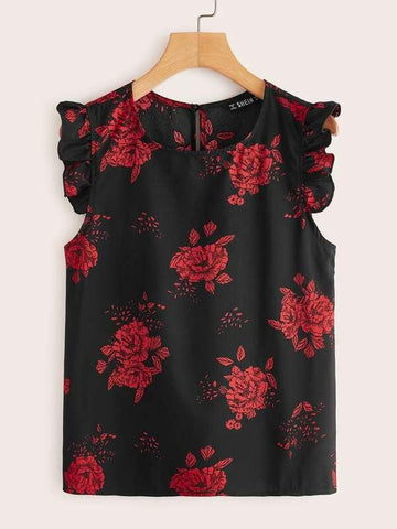 Ruffle Trim Floral Print Top - takostyle