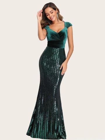 EverPretty Ruched Velvet Bodice Mermaid Sequin Dress - takostyle