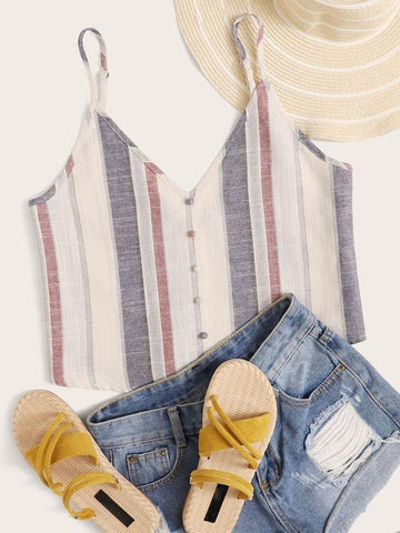 Button Front Striped Cami Top - takostyle