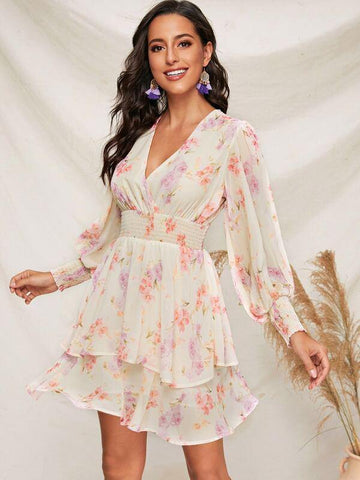 Lantern Sleeve Shirred Detail Floral Print Layered Ruffle Dress - takostyle