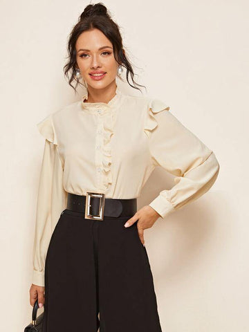 Ruffle Trim Button Front Solid Blouse - takostyle