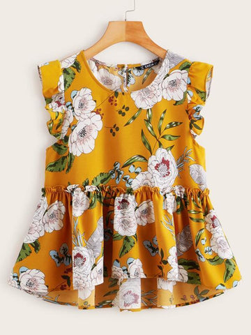 Ruffle Trim Flower Print Dip Hem Peplum Top - takostyle