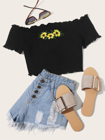 Off Shoulder Lettuce Trim Sunflower Embroidery Crop Top - takostyle