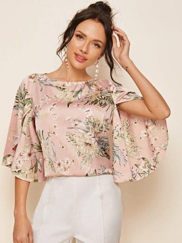 Tropical Print Split Sleeve Satin Top - takostyle