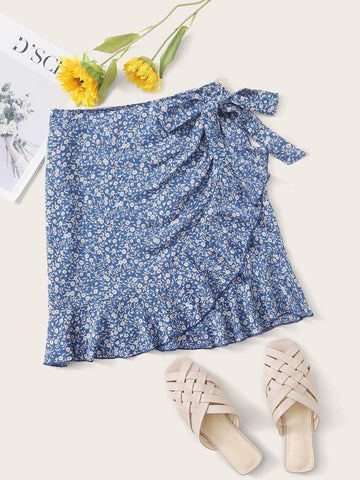 Ditsy Floral Tie Side Ruffle Hem Skirt - takostyle