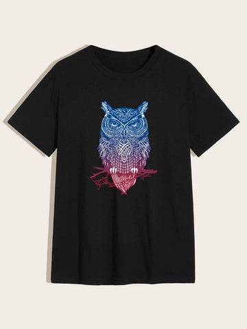 Men Owl Print Short Sleeve Tee