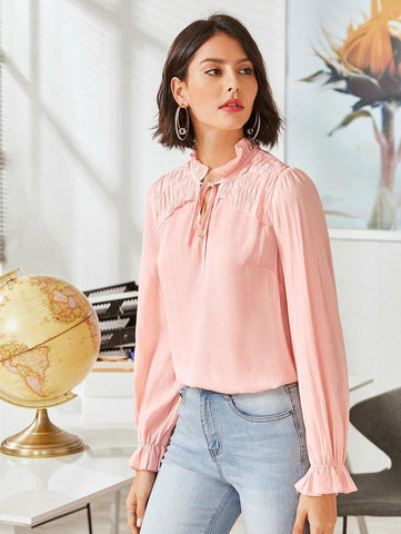 Textured Panel Ruffle Tie Neck Blouse - takostyle