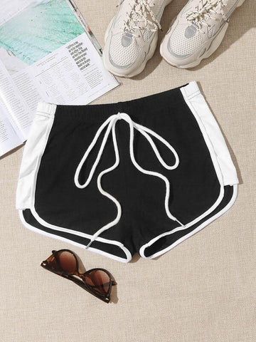 Tie Waist Contrast Sideseam Dolphin Shorts - takostyle