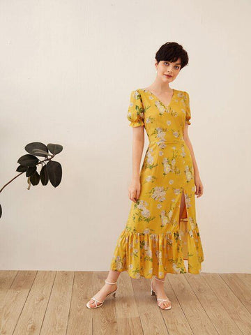 Puff Sleeve Split Thigh Ruffle Hem Floral Print Dress - takostyle
