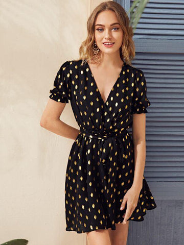 Surplice Neck Belted Gold Dot Print Dress - takostyle