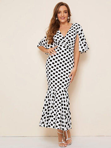 Split Sleeve Fishtail Hem Polka Dot Dress - takostyle