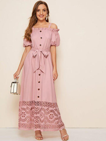 Cold Shoulder Ruffle Trim Buttoned Front Laser Cut Hem Dress - takostyle