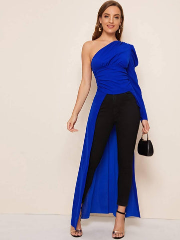 One Shoulder Gigot Sleeve Ruched Detail High Low Top - takostyle