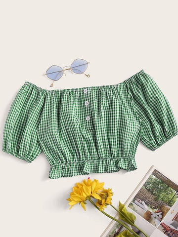 Button Front Ruffle Hem Gingham Bardot Crop Blouse - takostyle