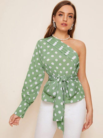 One Shoulder Pleated Detail Self Belted Polka Dot Top - takostyle