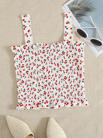 Cherry Print Frill Trim Shirred Top - takostyle