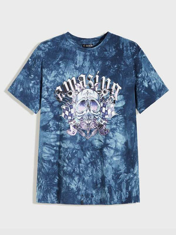 Men Letter and Skull Print Tie Dye Top