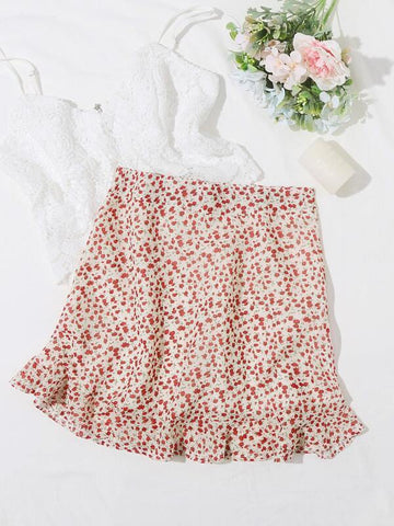 Ruffle Hem Zip Back Ditsy Floral Skirt - takostyle