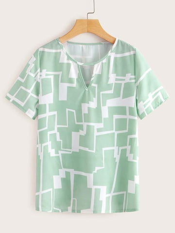 Keyhole Neck Geo Print Blouse - takostyle