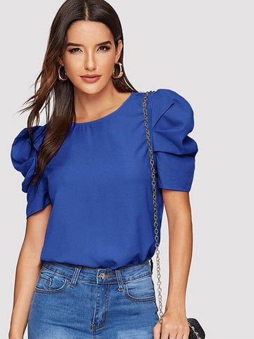Keyhole Back Puff Sleeve Solid Top - takostyle
