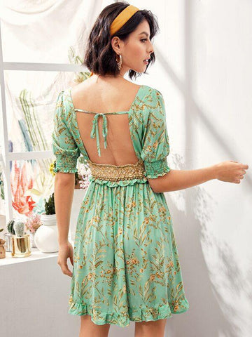 Plants Print Square Neck Backless Tie Back Shirred Dress - takostyle