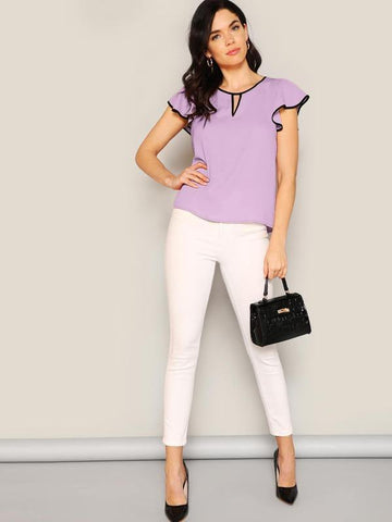 Contrast Binding Keyhole Neck Flutter Sleeve Top - takostyle