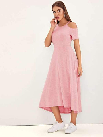 Cold Shoulder Asymmetrical Hem Dress - takostyle