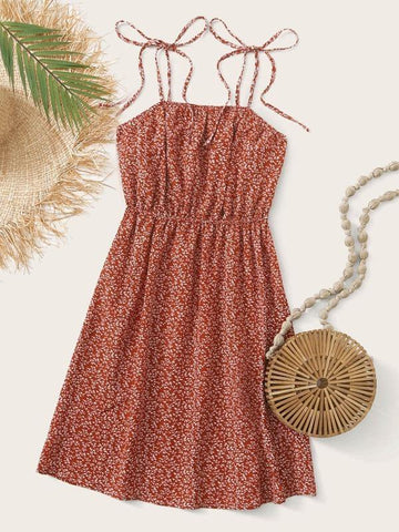 Allover Print Tie Shoulder A-Line Dress - takostyle