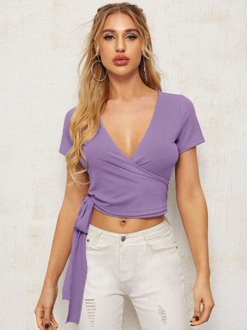 Rib-knit Tie Side Wrap Top - takostyle