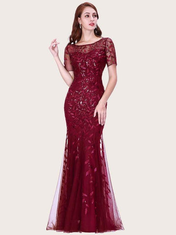 EverPretty Sequin Leaf Mesh Fishtail Hem Prom Dress - takostyle