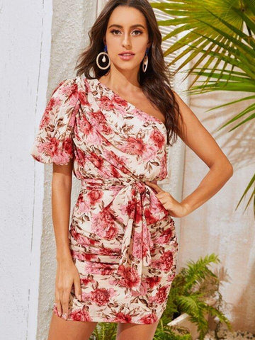 Ruched Detail One Shoulder Puff Sleeve Self Belted Dress - takostyle