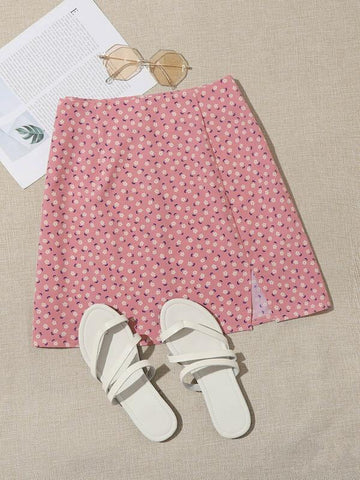 Ditsy Floral Slit Hem A-Line Dress - takostyle