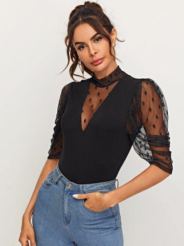 Mock Neck Dot Mesh Solid Top - takostyle
