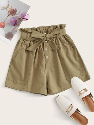 Paperbag Waist Button Front Belted Shorts - takostyle