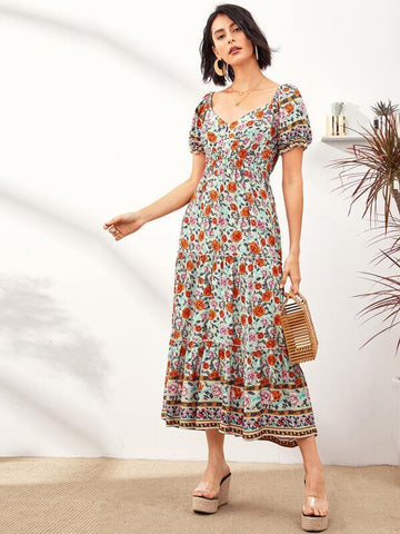 Floral Print Puff Sleeve Dress - takostyle