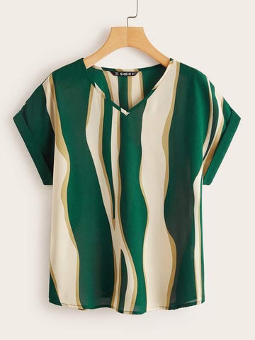 V-neck Rolled Up Sleeve Colorblock Top - takostyle