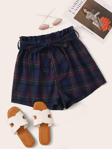 Paperbag Waist Belted Plaid Shorts - takostyle